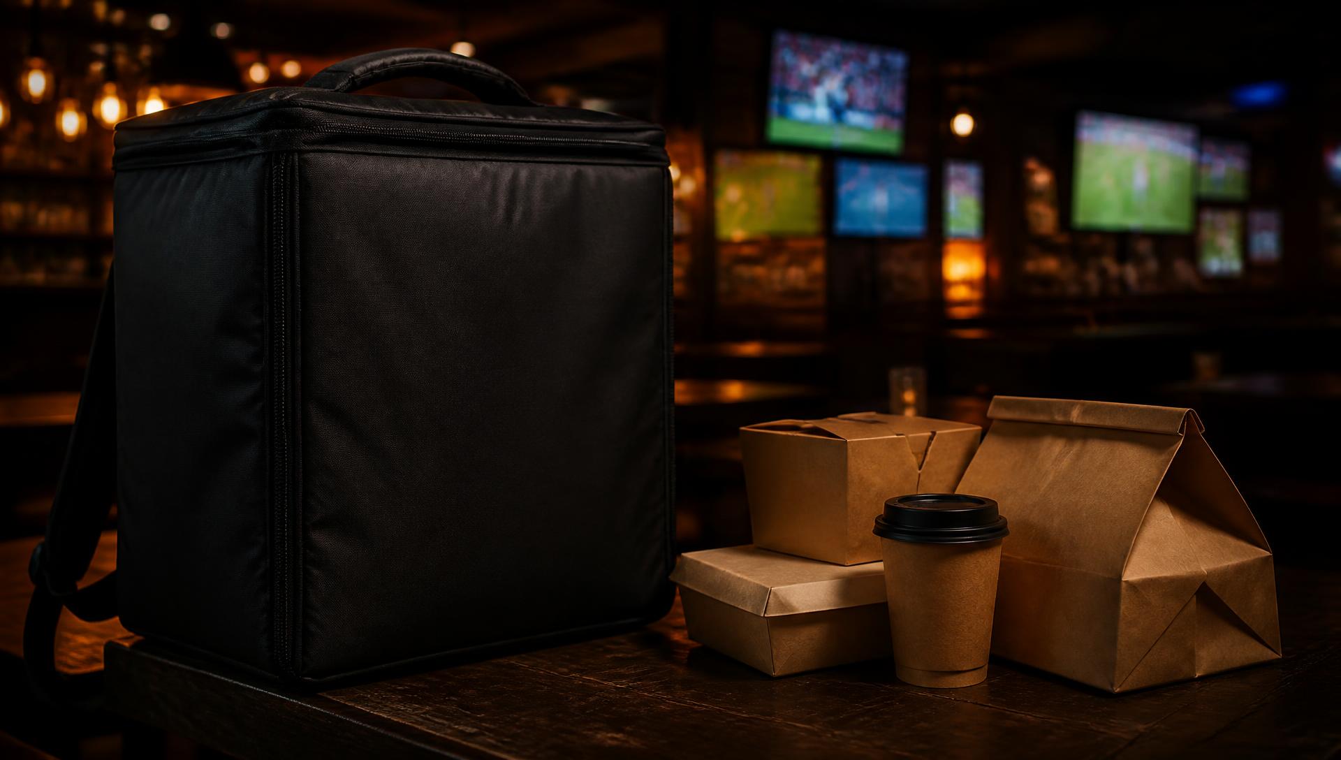 Sacola térmica de delivery ao lado de embalagens de comida sobre mesa escura, com o sport bar iluminado desfocado ao fundo