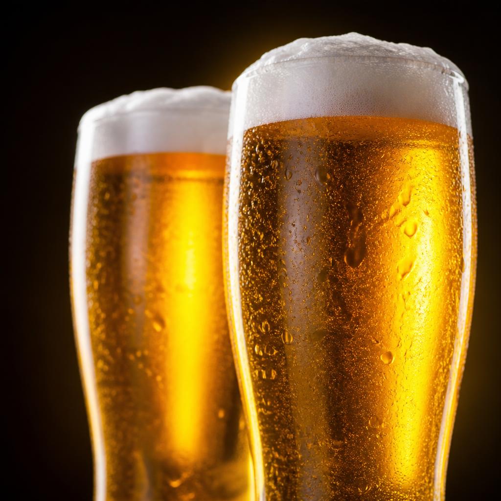Dois copos de chopp gelado com colarinho cremoso e gotas de condensação