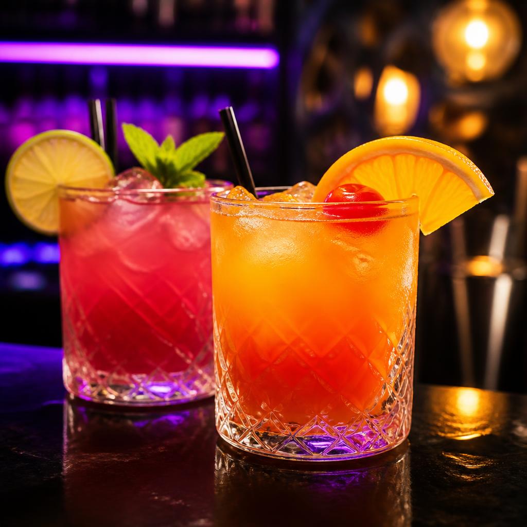 Dois coquetéis coloridos com fatias de fruta sobre balcão escuro de bar