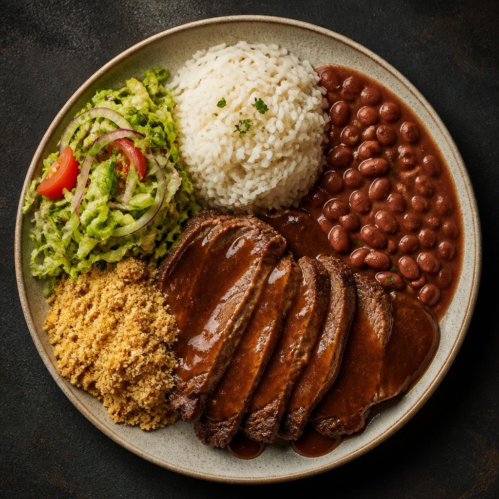 Prato executivo brasileiro com arroz, feijão, carne assada ao molho, farofa e salada