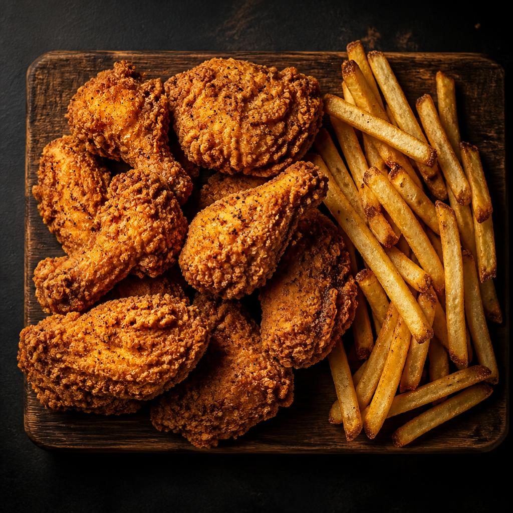 Tábua de madeira com frango à passarinho crocante e batatas fritas douradas