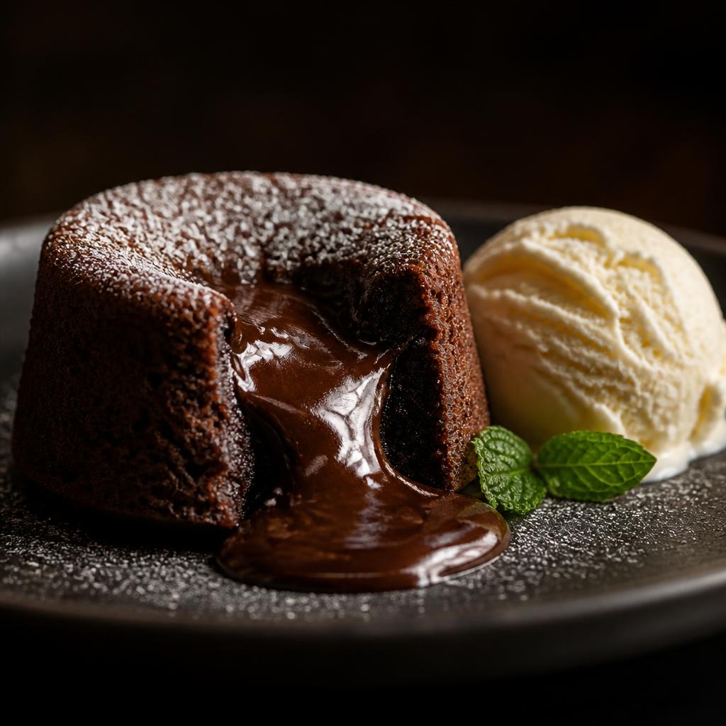 Petit gateau com calda de chocolate escorrendo e bola de sorvete de baunilha