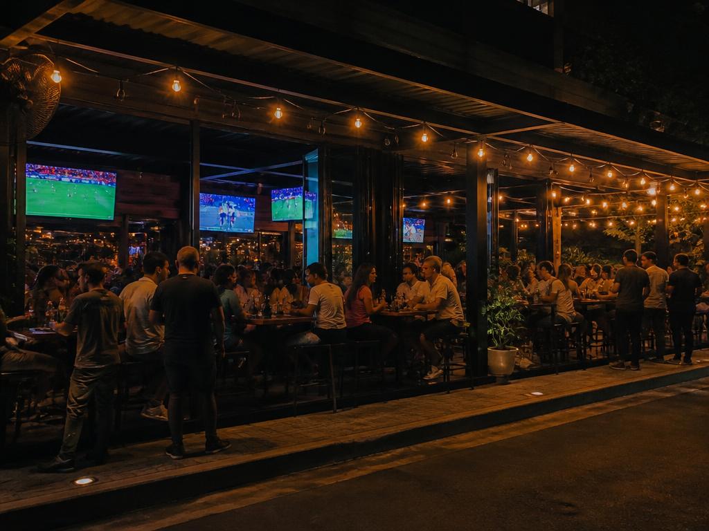 Unidade Recreio do Olímpia Sport Bar à noite, com mesas internas, área aberta e telões ligados